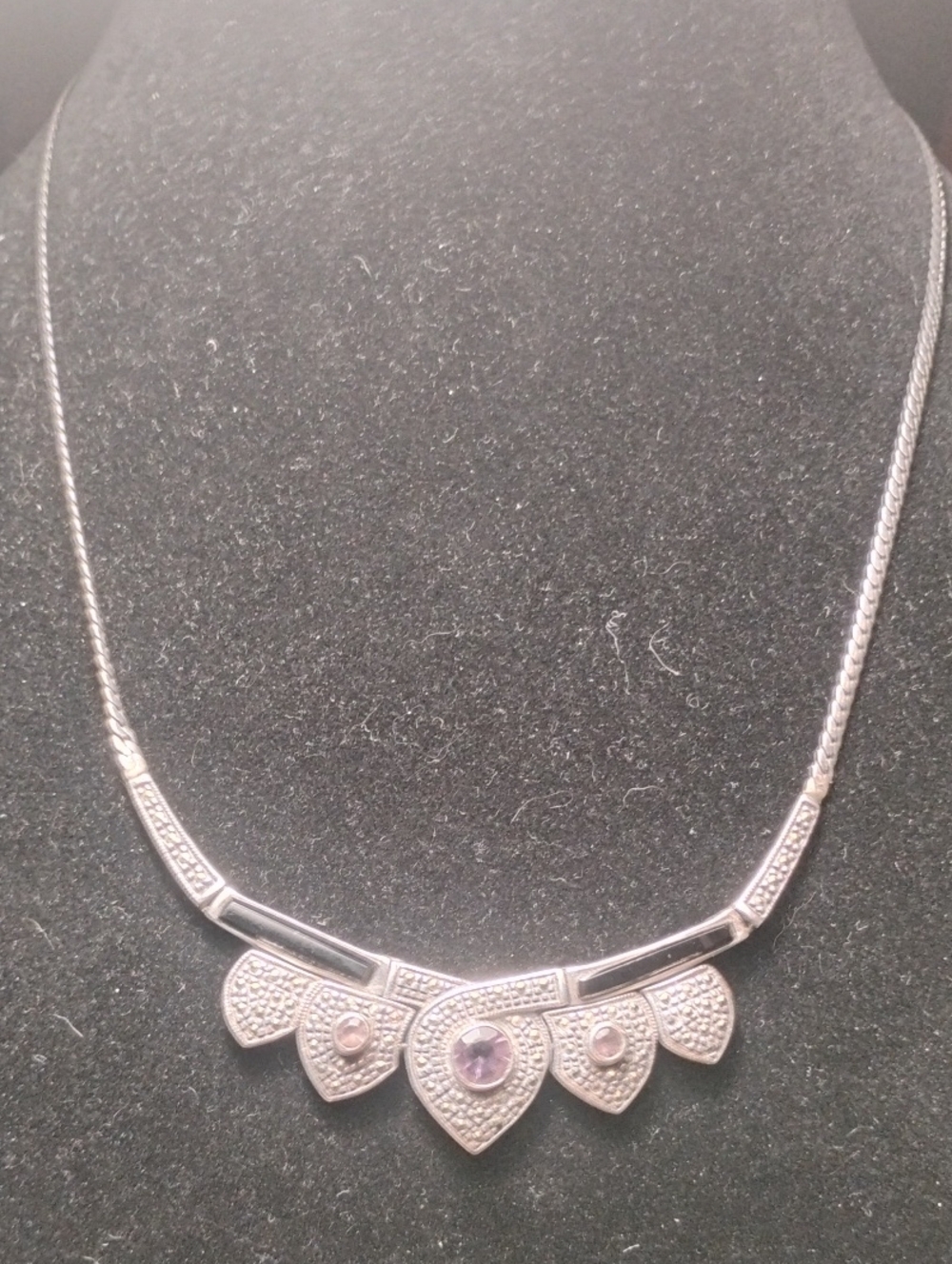 Vintage Signed Sterling Art Deco Amethyst Onyx Marcasite Princess Necklace sz 18
